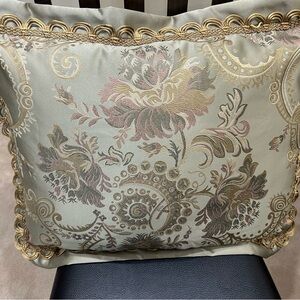Waterford Accent Pillow green gold rose colored tapestry floral damask pattern
